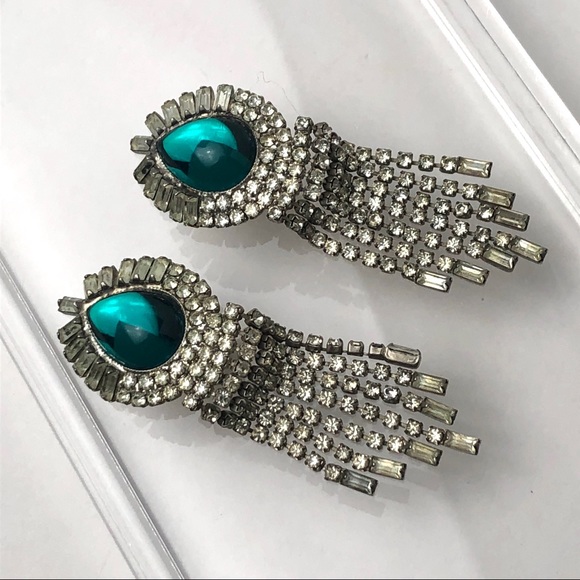 VTG GREEN CABOCHON RHINESTONE DROP EARRINGS - Picture 4 of 12